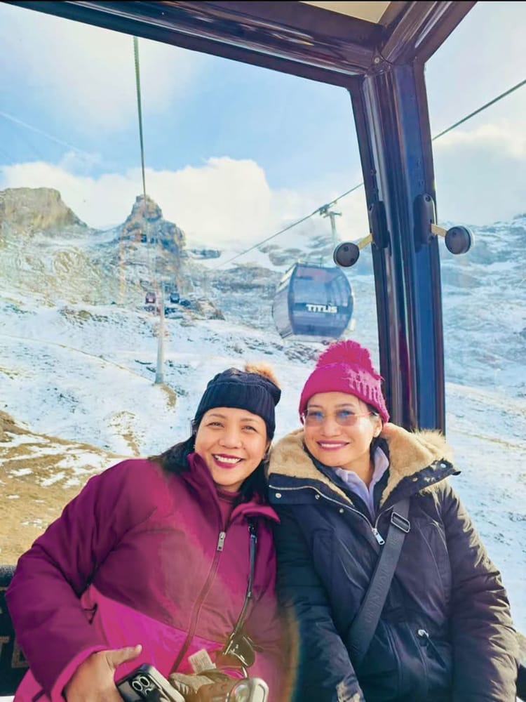 Avian travellers riding the cable car up Mount Titlis, Switzerland